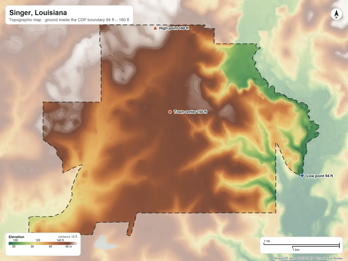 Topographic elevation map of Singer, Louisiana, shaded from 94 ft on the southeast side to 160 ft on the north side