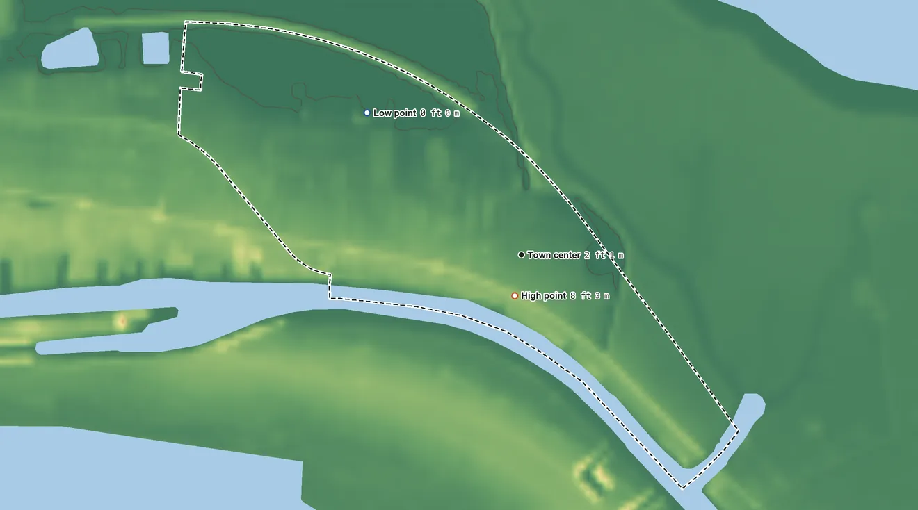 Topographic elevation map of Siracusaville, Louisiana, shaded from 0 ft on the northwest side to 8 ft near the middle