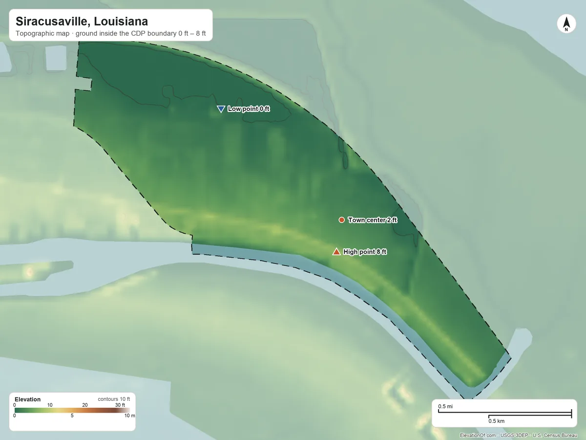 Topographic elevation map of Siracusaville, Louisiana, shaded from 0 ft on the northwest side to 8 ft near the middle