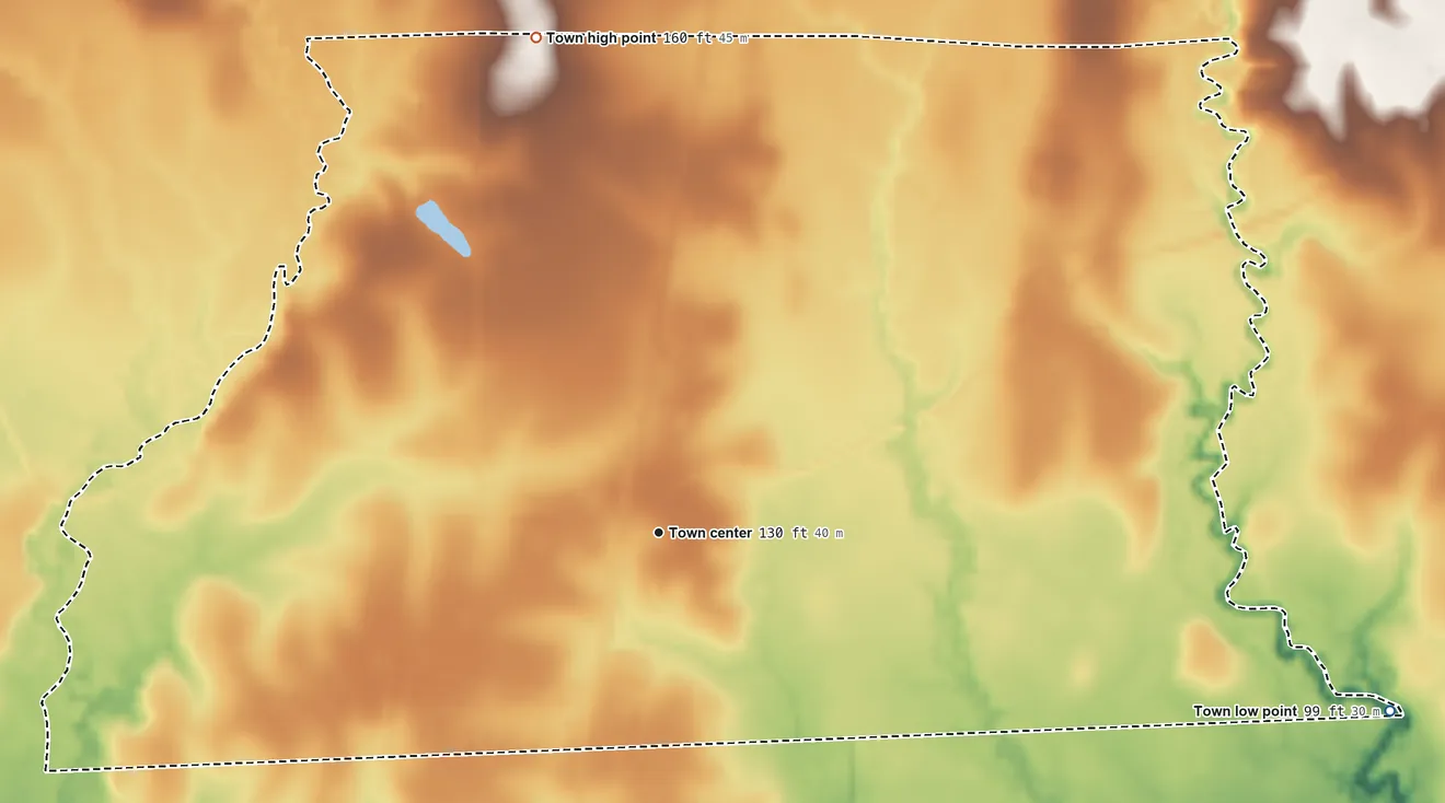 Topographic elevation map of Slaughter, Louisiana, shaded from 99 ft on the east side to 160 ft on the north side