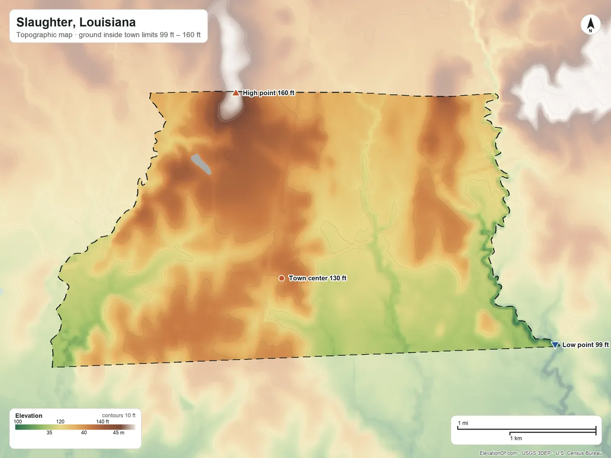 Topographic elevation map of Slaughter, Louisiana, shaded from 99 ft on the east side to 160 ft on the north side