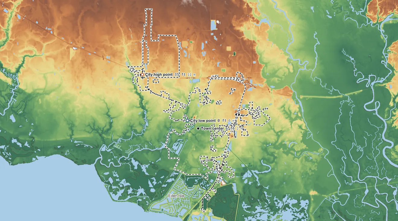 Topographic elevation map of Slidell, Louisiana, shaded from sea level level on Bayou Bonfouca to 35 ft on the northwest side