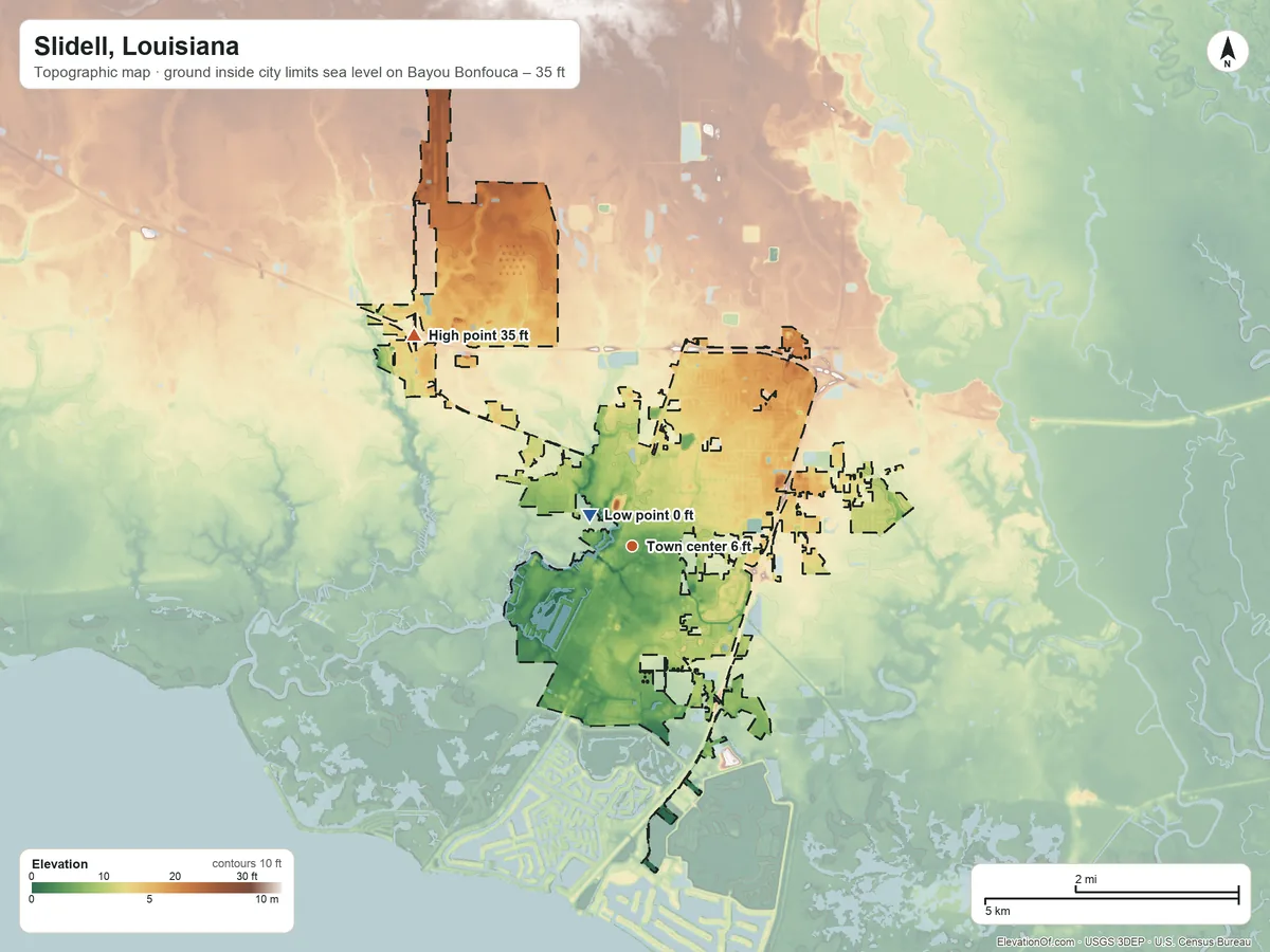 Topographic elevation map of Slidell, Louisiana, shaded from sea level level on Bayou Bonfouca to 35 ft on the northwest side