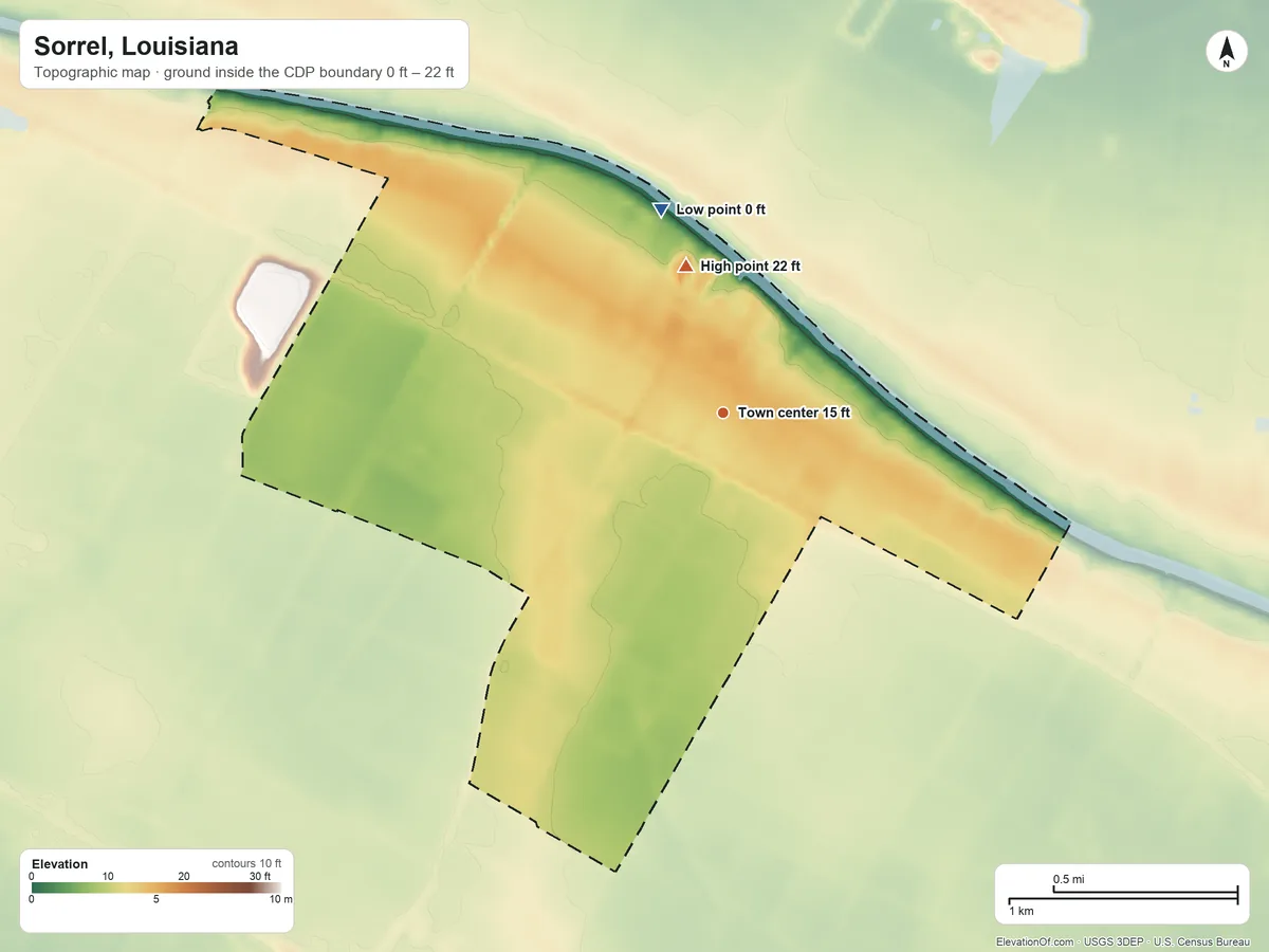 Topographic elevation map of Sorrel, Louisiana, shaded from 0 ft on the north side to 22 ft on the north side