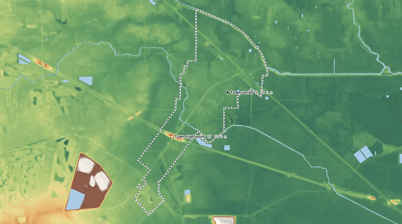 Topographic elevation map of Sorrento, Louisiana, shaded from 1 ft near the middle to 27 ft on the southwest side