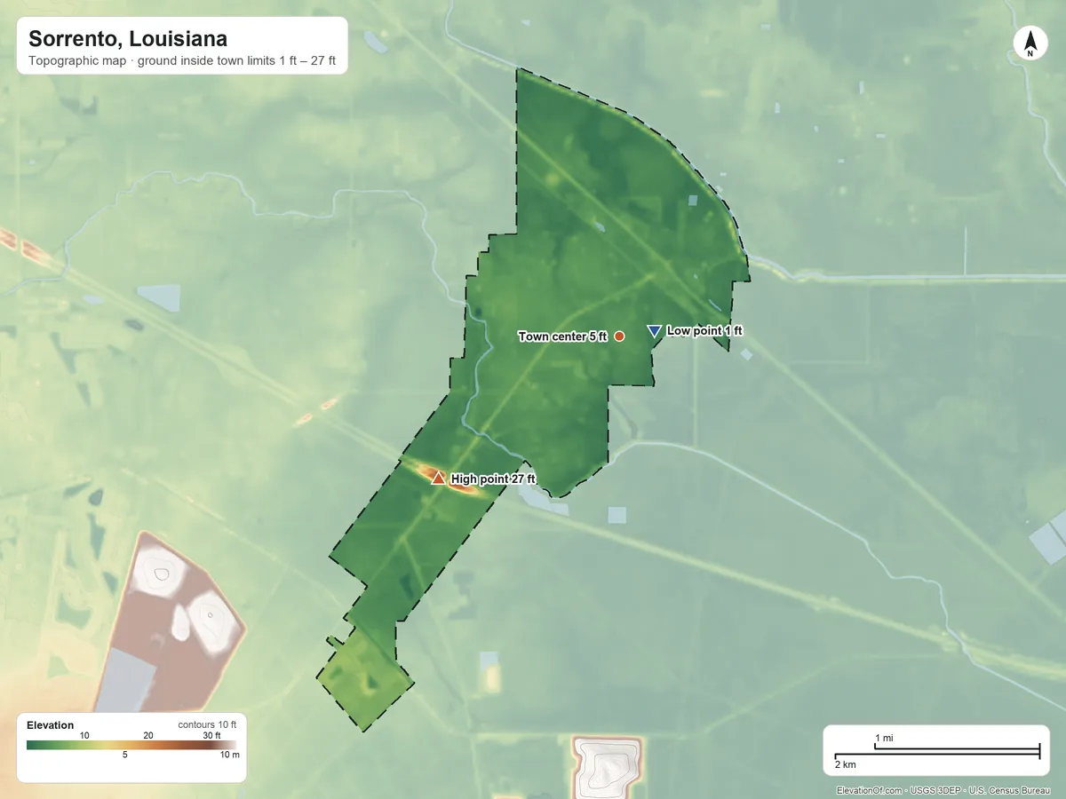 Topographic elevation map of Sorrento, Louisiana, shaded from 1 ft near the middle to 27 ft on the southwest side