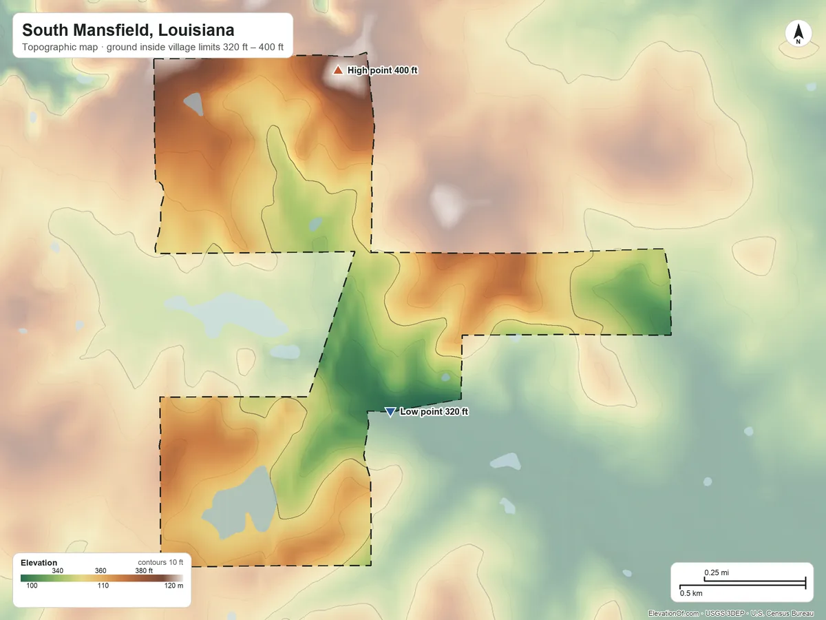 Topographic elevation map of South Mansfield, Louisiana, shaded from 320 ft on the south side to 400 ft on the north side