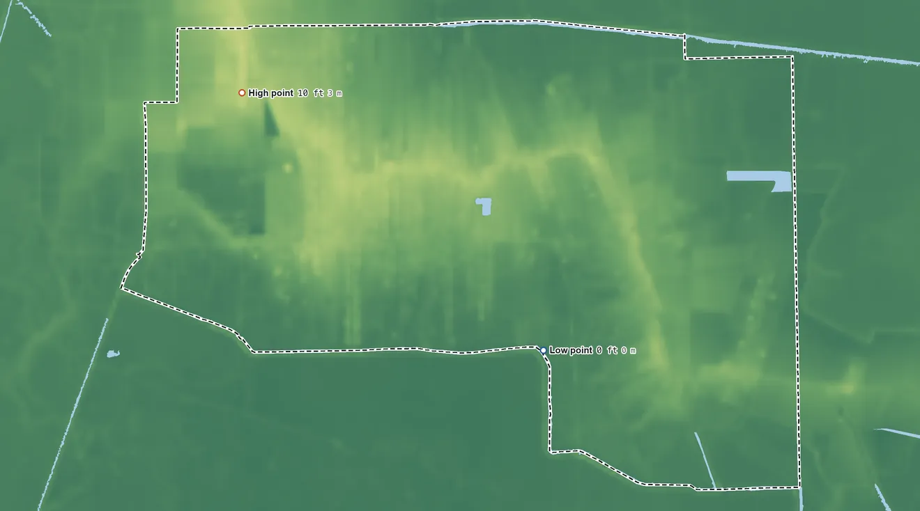 Topographic elevation map of South Vacherie, Louisiana, shaded from 0 ft on the southeast side to 10 ft on the northwest side