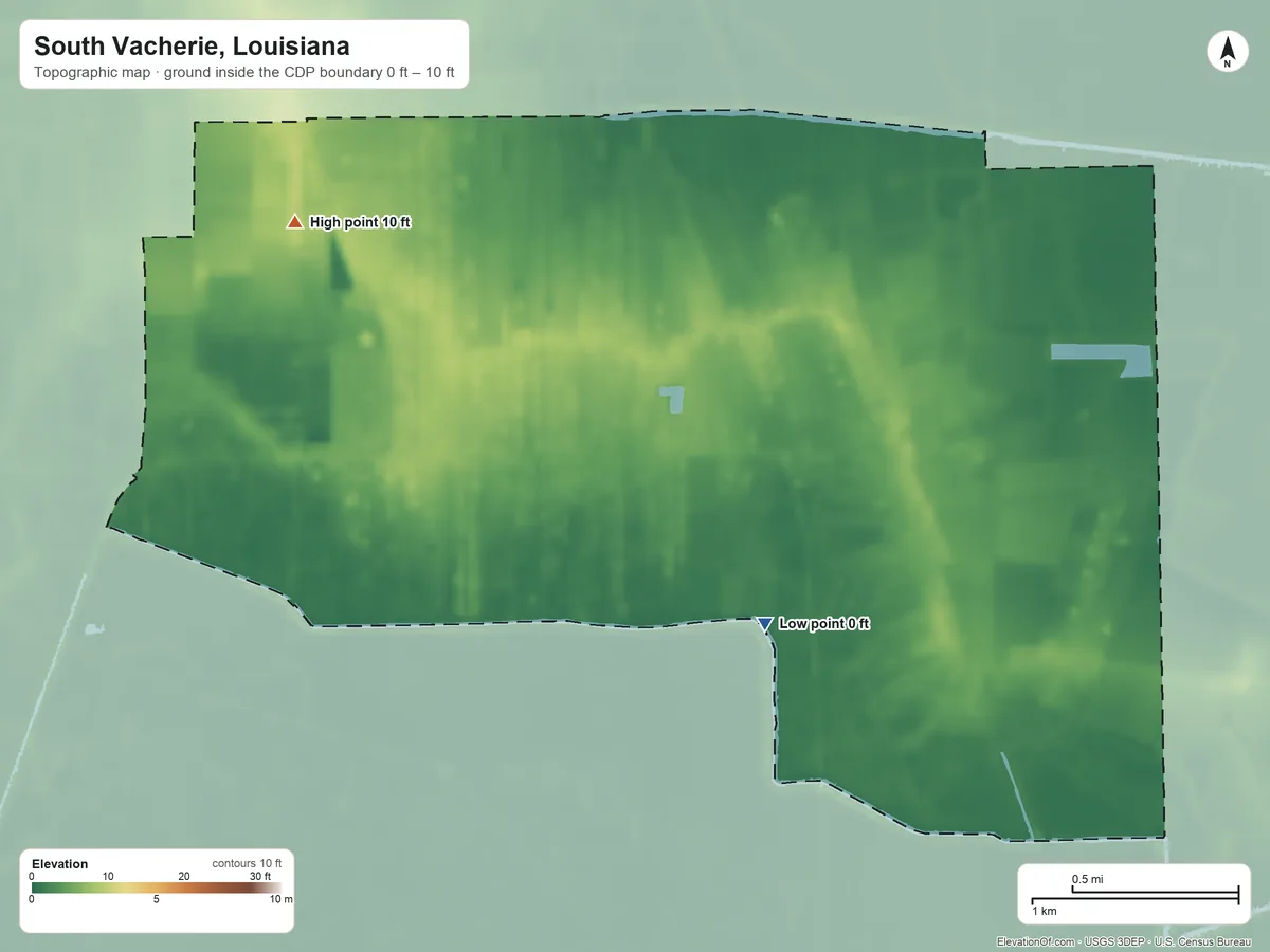 Topographic elevation map of South Vacherie, Louisiana, shaded from 0 ft on the southeast side to 10 ft on the northwest side