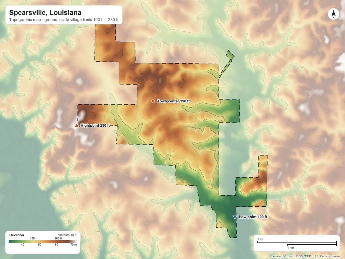 Topographic elevation map of Spearsville, Louisiana, shaded from 100 ft on the southeast side to 230 ft on the west side