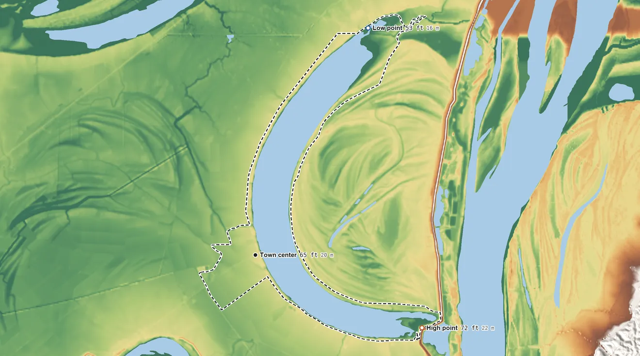 Topographic elevation map of Spokane, Louisiana, shaded from 53 ft on the northeast side to 72 ft on the southeast side