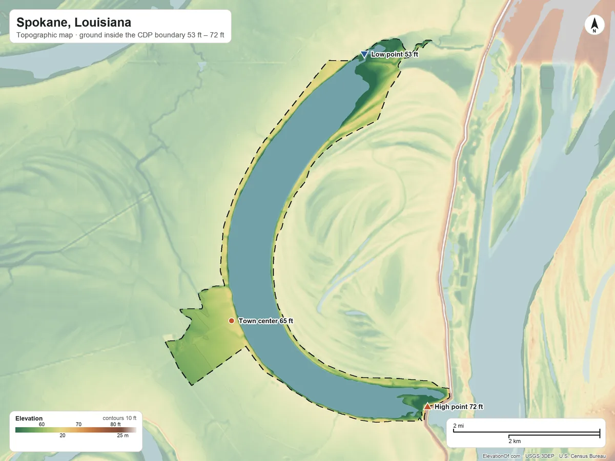 Topographic elevation map of Spokane, Louisiana, shaded from 53 ft on the northeast side to 72 ft on the southeast side
