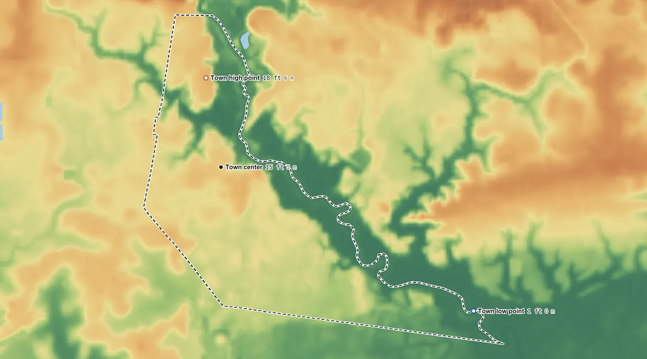 Topographic elevation map of Springfield, Louisiana, shaded from 1 ft on the southeast side to 18 ft on the north side