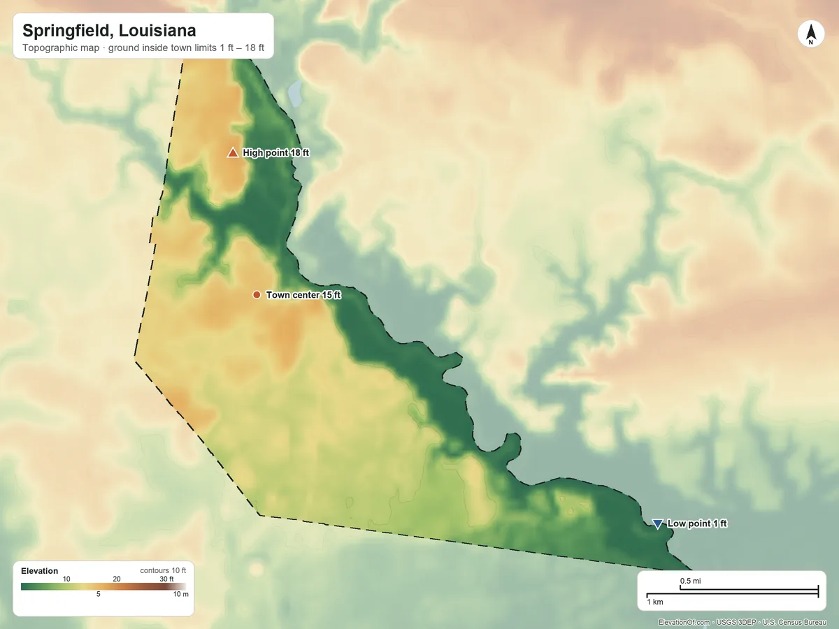 Topographic elevation map of Springfield, Louisiana, shaded from 1 ft on the southeast side to 18 ft on the north side