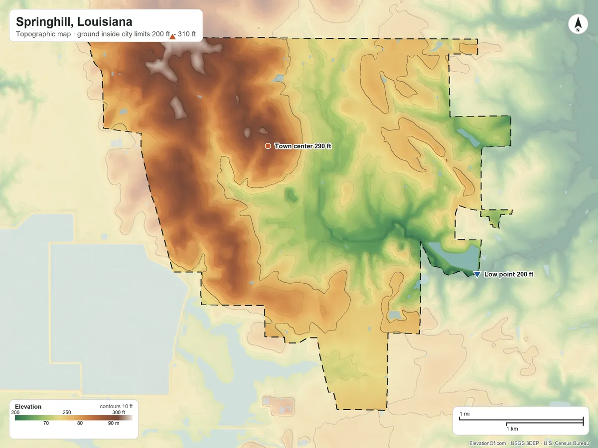 Topographic elevation map of Springhill, Louisiana, shaded from 200 ft on the southeast side to 310 ft on the northwest side