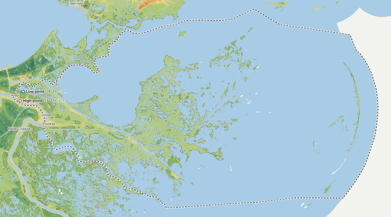 Topographic elevation map of St. Bernard Parish, Louisiana, shaded from 9 ft below sea level on the west side to 33 ft on the west side
