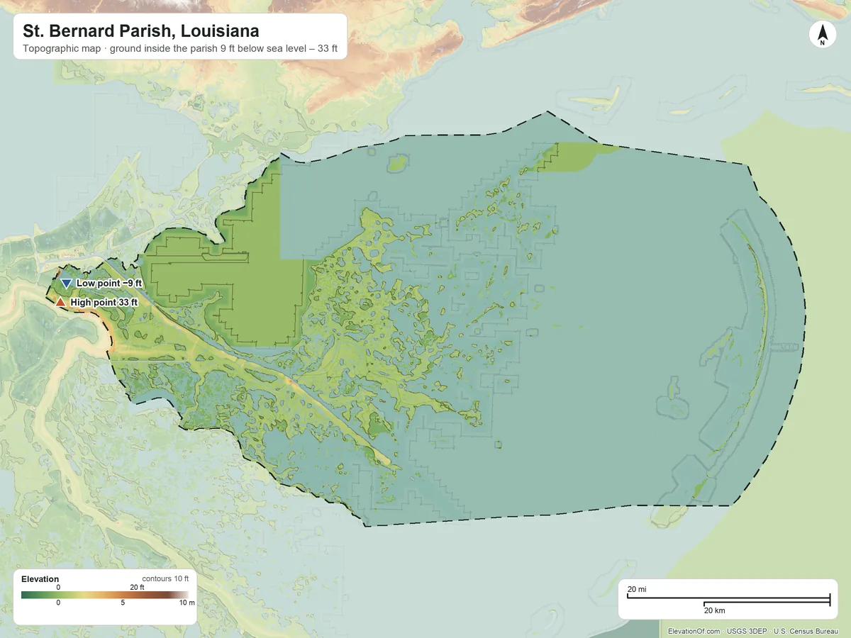 Topographic elevation map of St. Bernard Parish, Louisiana, shaded from 9 ft below sea level on the west side to 33 ft on the west side