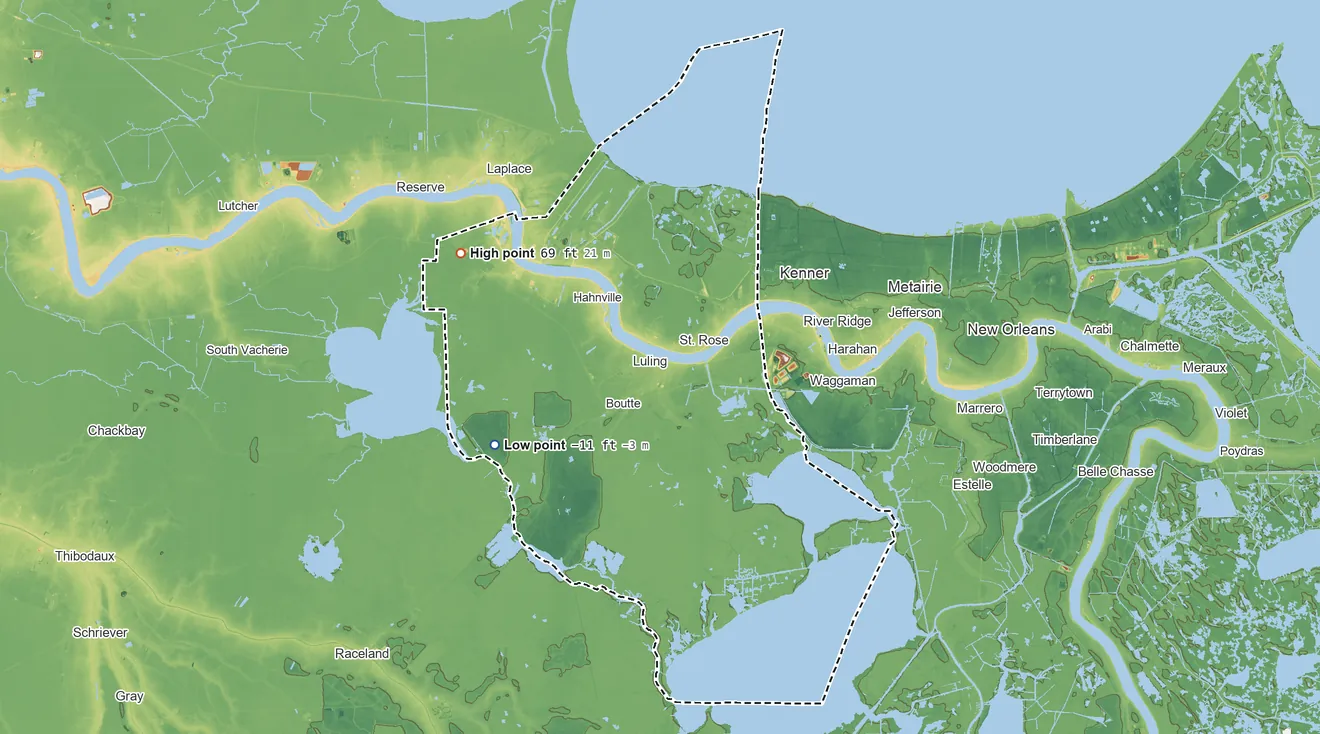 Topographic elevation map of St. Charles Parish, Louisiana, shaded from 11 ft below sea level on the southwest side to 69 ft on the northwest side
