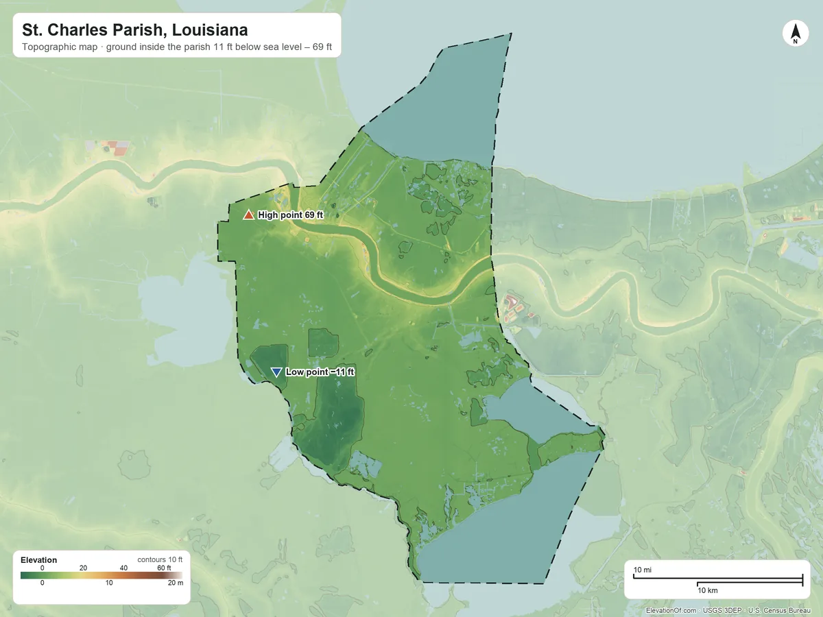 Topographic elevation map of St. Charles Parish, Louisiana, shaded from 11 ft below sea level on the southwest side to 69 ft on the northwest side