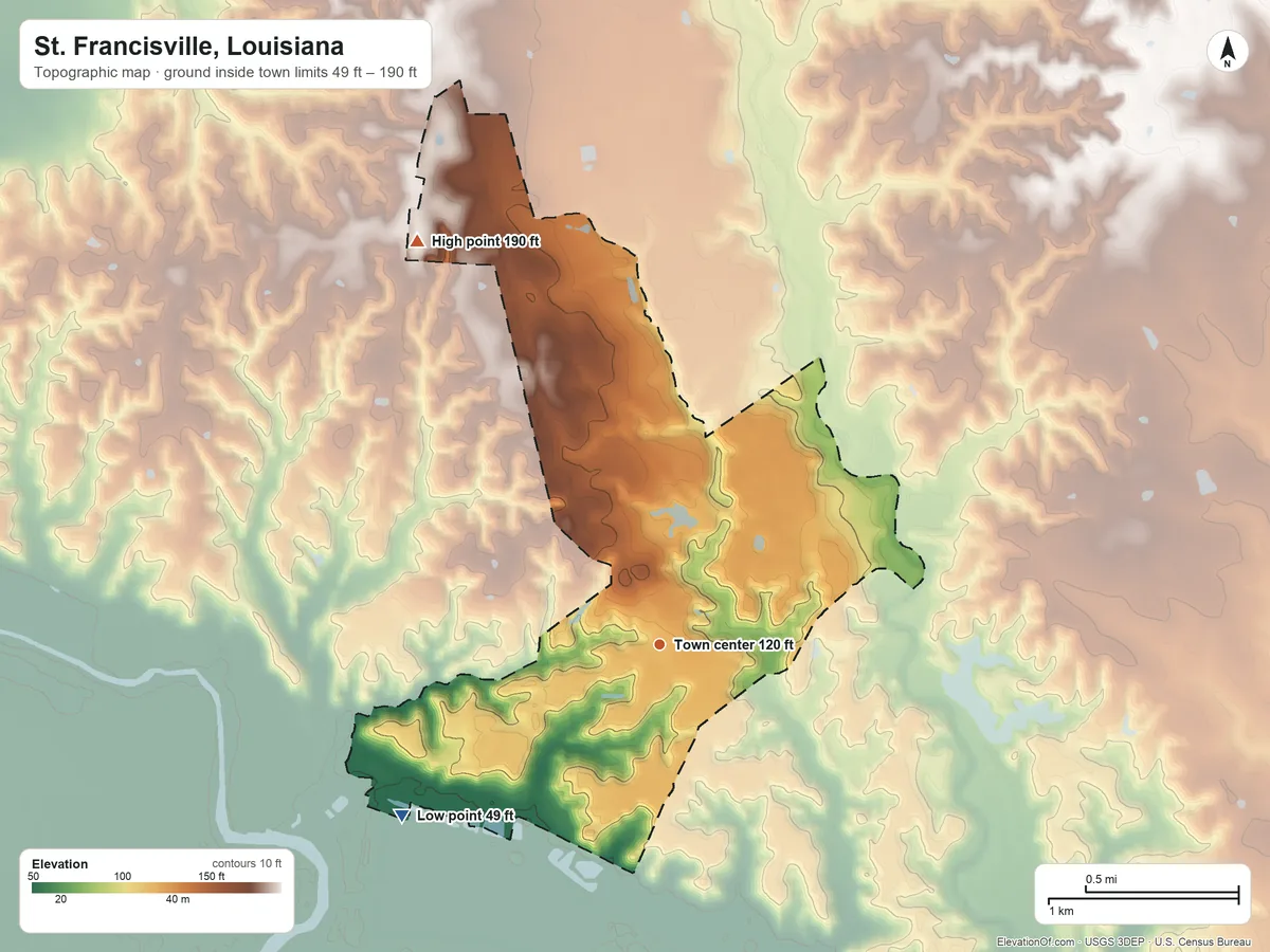Topographic elevation map of St. Francisville, Louisiana, shaded from 49 ft on the southwest side to 190 ft on the northwest side