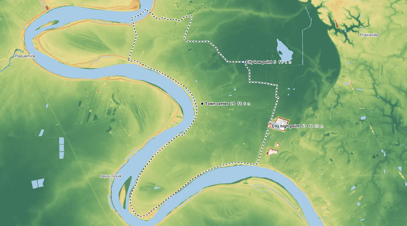 Topographic elevation map of St. Gabriel, Louisiana, shaded from 5 ft on the northeast side to 63 ft on the east side