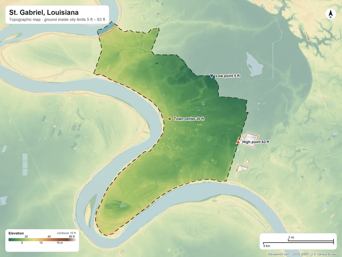 Topographic elevation map of St. Gabriel, Louisiana, shaded from 5 ft on the northeast side to 63 ft on the east side
