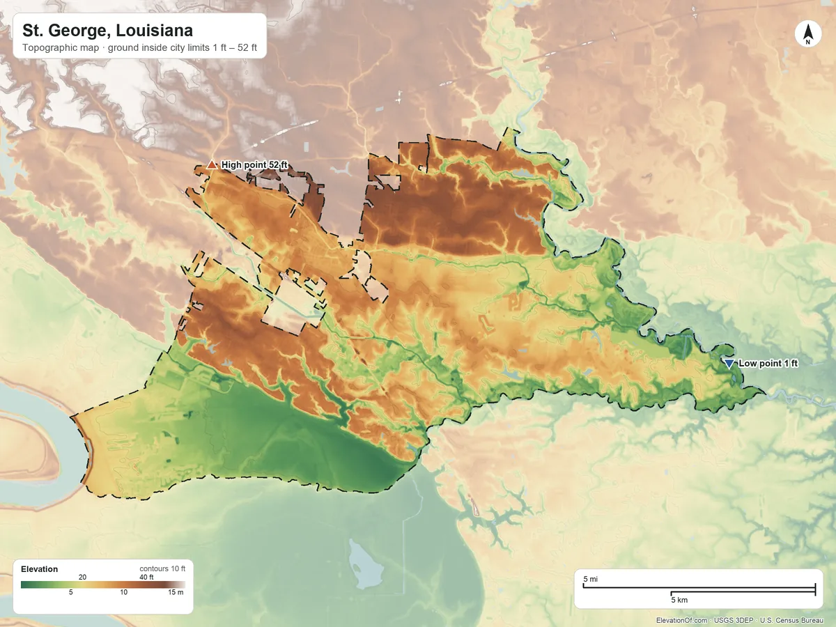 Topographic elevation map of St. George, Louisiana, shaded from 1 ft on the east side to 52 ft on the northwest side