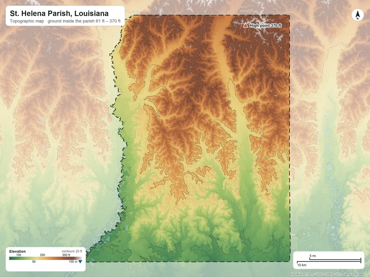 Topographic elevation map of St. Helena Parish, Louisiana, shaded from 61 ft on the southwest side to 370 ft on the northeast side