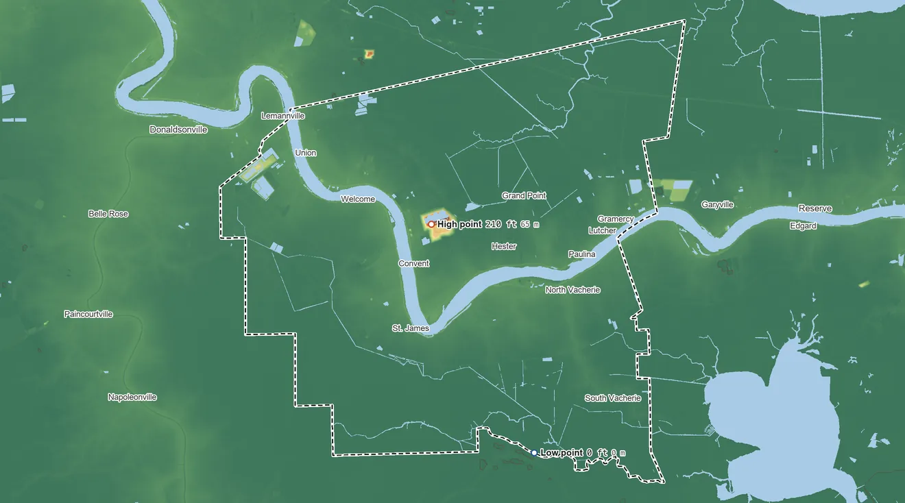 Topographic elevation map of St. James Parish, Louisiana, shaded from 0 ft on the south side to 210 ft near the middle