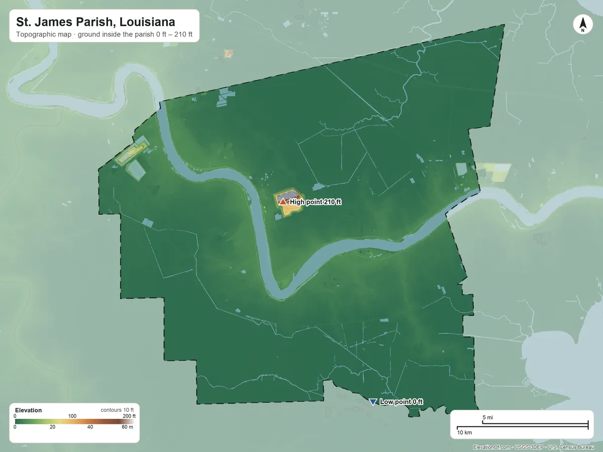 Topographic elevation map of St. James Parish, Louisiana, shaded from 0 ft on the south side to 210 ft near the middle
