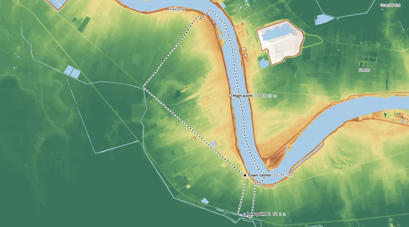 Topographic elevation map of St. James, Louisiana, shaded from 2 ft on the south side to 33 ft on the north side