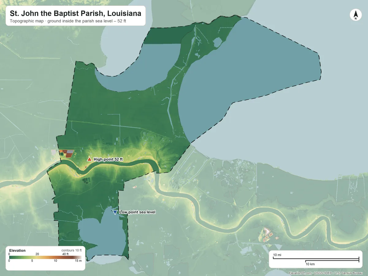 Topographic elevation map of St. John the Baptist Parish, Louisiana, shaded from sea level on Knight Bay to 52 ft on the west side