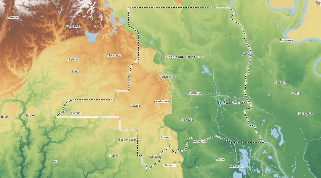 Topographic elevation map of St. Landry Parish, Louisiana, shaded from 1 ft on the east side to 130 ft on the north side