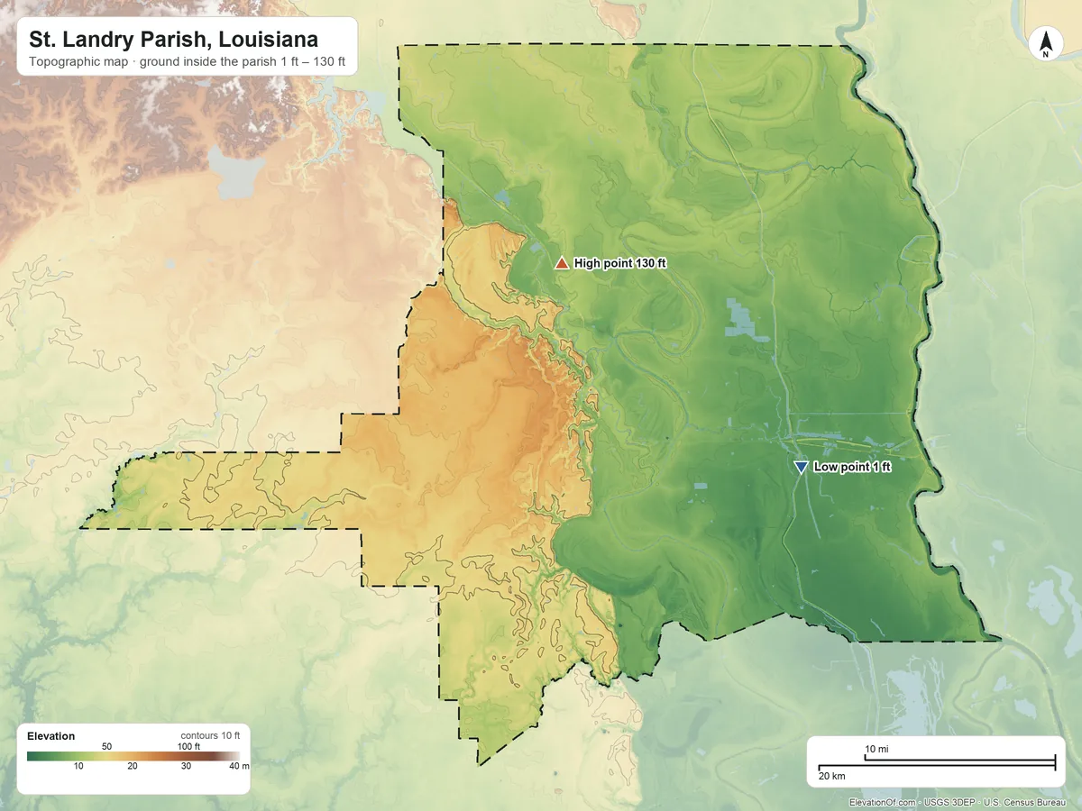 Topographic elevation map of St. Landry Parish, Louisiana, shaded from 1 ft on the east side to 130 ft on the north side
