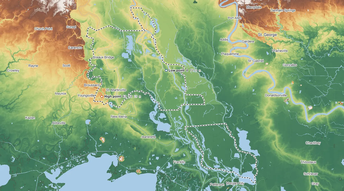 Topographic elevation map of St. Martin Parish, Louisiana, shaded from sea level on Tensas Bay to 63 ft on the west side