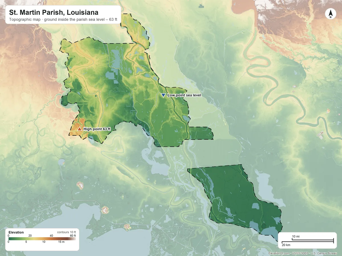 Topographic elevation map of St. Martin Parish, Louisiana, shaded from sea level on Tensas Bay to 63 ft on the west side