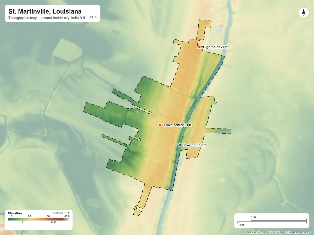 Topographic elevation map of St. Martinville, Louisiana, shaded from 9 ft on the southeast side to 27 ft on the northeast side