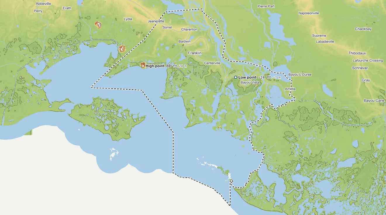 Topographic elevation map of St. Mary Parish, Louisiana, shaded from 24 ft below sea level on the northeast side to 80 ft on the northwest side