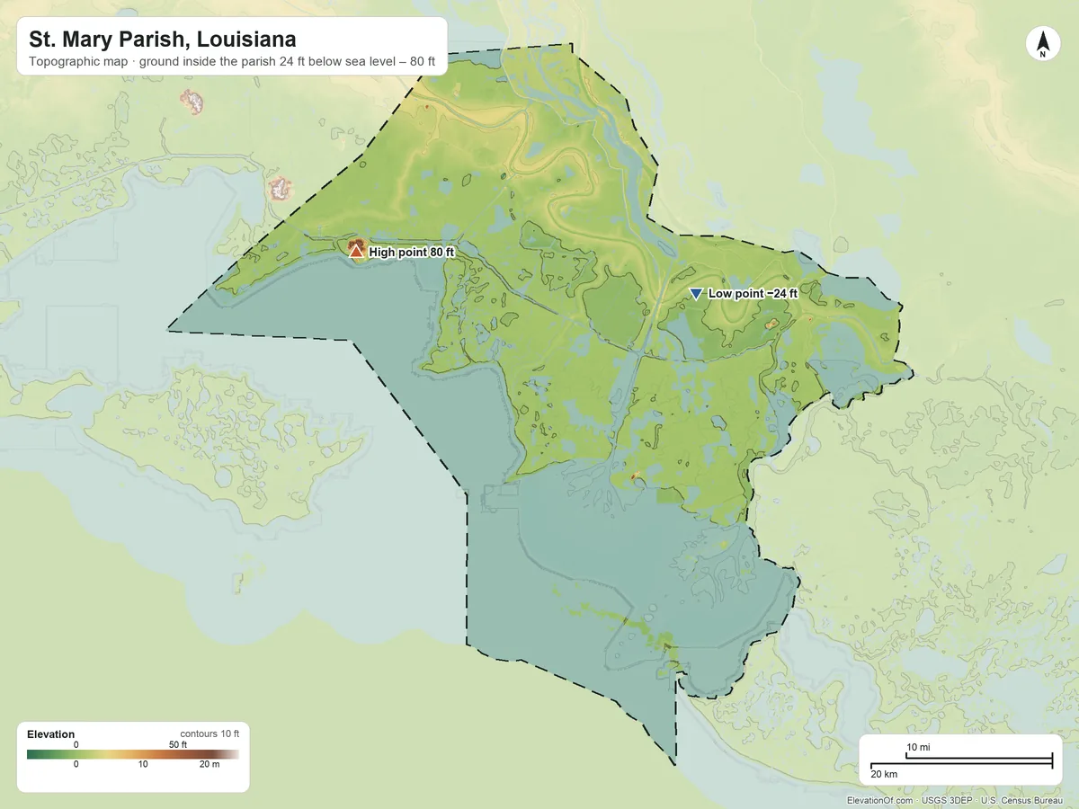 Topographic elevation map of St. Mary Parish, Louisiana, shaded from 24 ft below sea level on the northeast side to 80 ft on the northwest side