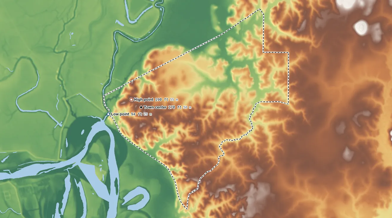 Topographic elevation map of St. Maurice, Louisiana, shaded from 94 ft on the west side to 190 ft near the middle