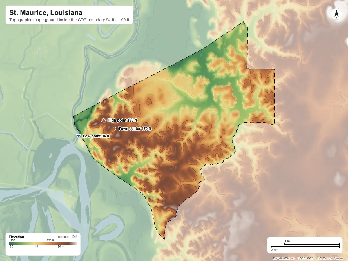 Topographic elevation map of St. Maurice, Louisiana, shaded from 94 ft on the west side to 190 ft near the middle