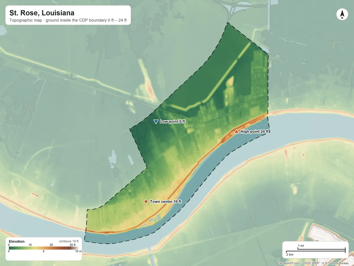Topographic elevation map of St. Rose, Louisiana, shaded from 0 ft on the north side to 24 ft on the northeast side