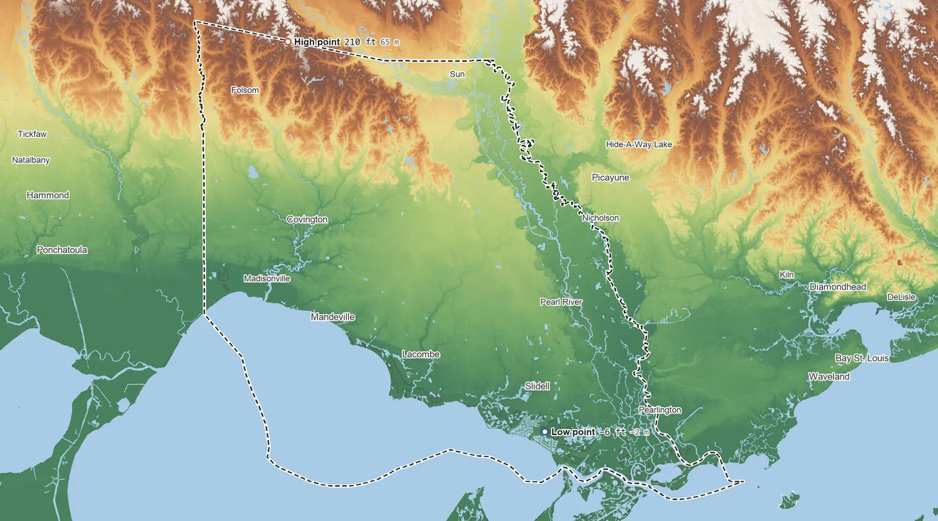 Topographic elevation map of St. Tammany Parish, Louisiana, shaded from 6 ft below sea level on the southeast side to 210 ft on the northwest side