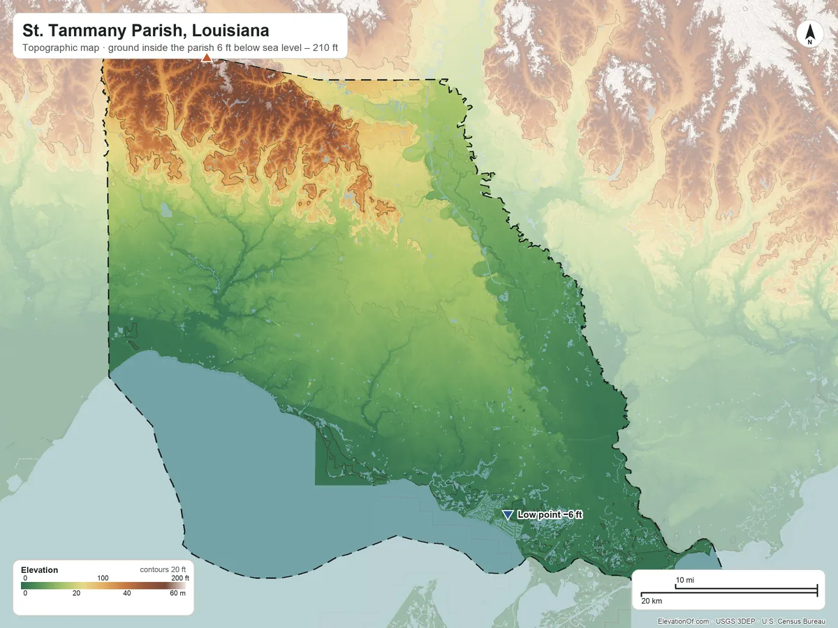 Topographic elevation map of St. Tammany Parish, Louisiana, shaded from 6 ft below sea level on the southeast side to 210 ft on the northwest side