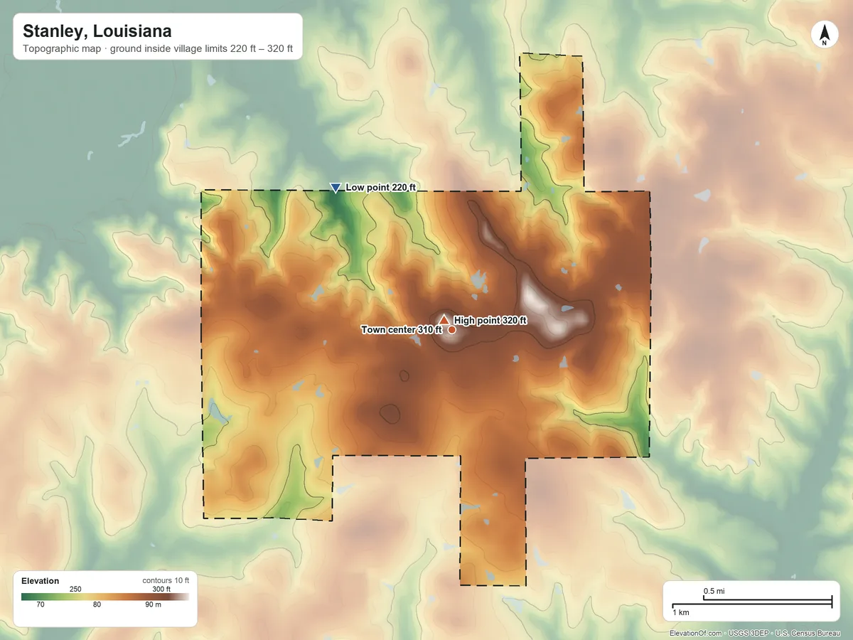 Topographic elevation map of Stanley, Louisiana, shaded from 220 ft on the northwest side to 320 ft near the middle