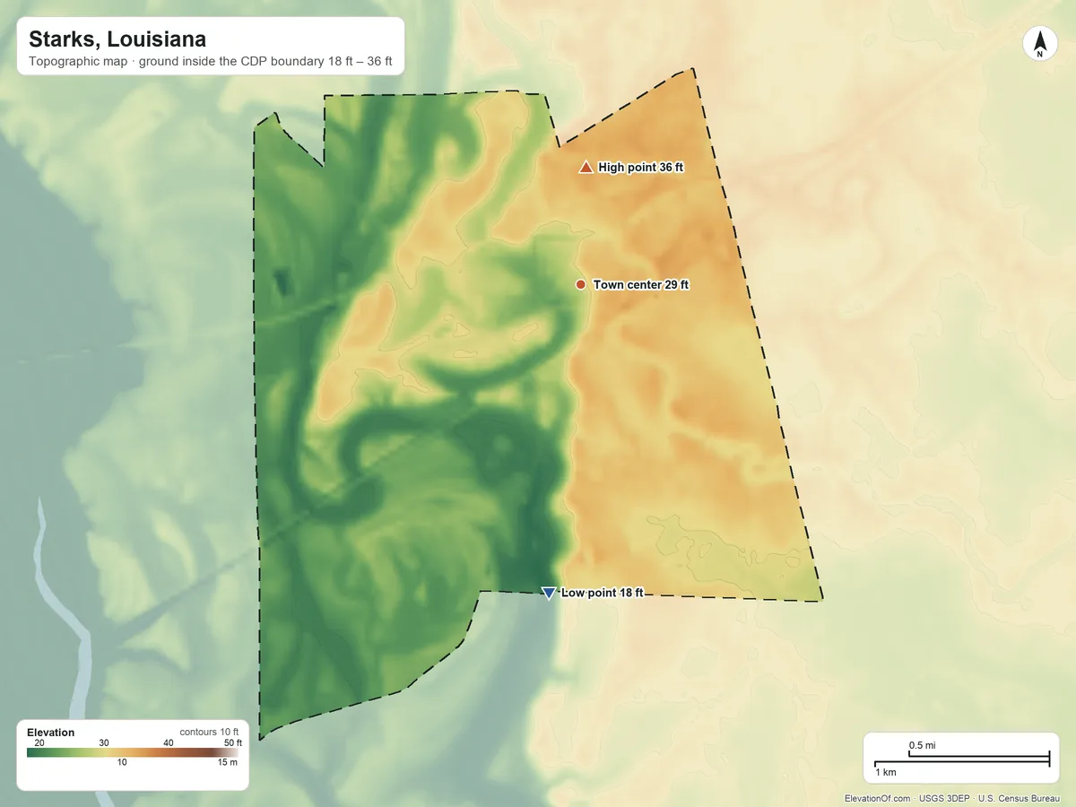 Topographic elevation map of Starks, Louisiana, shaded from 18 ft on the south side to 36 ft on the north side