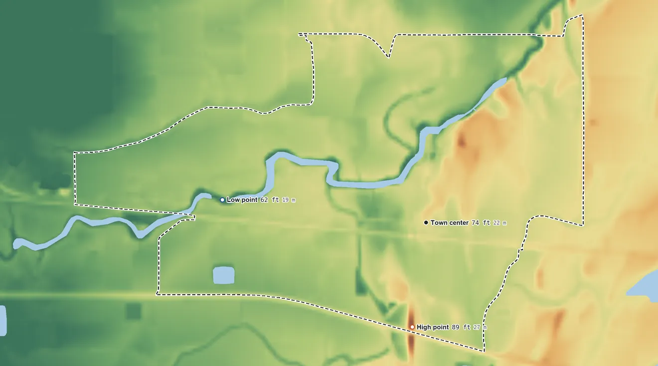 Topographic elevation map of Start, Louisiana, shaded from 62 ft on the west side to 89 ft on the south side