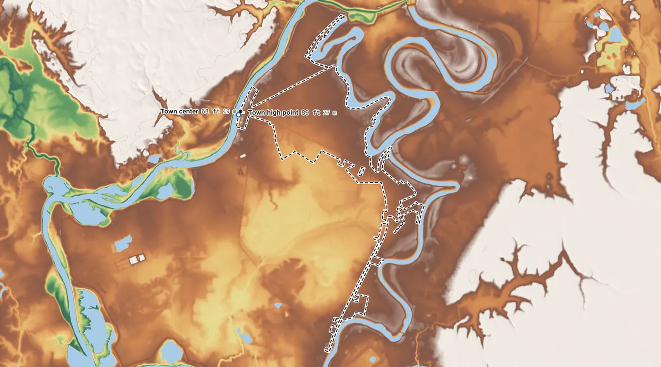Topographic elevation map of Sterlington, Louisiana, shaded from 52 ft near the middle to 89 ft near the middle