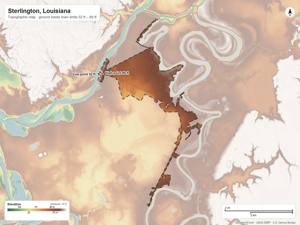 Topographic elevation map of Sterlington, Louisiana, shaded from 52 ft near the middle to 89 ft near the middle