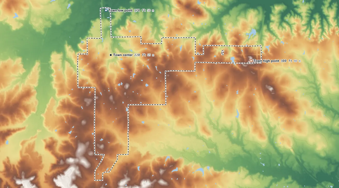 Topographic elevation map of Stonewall, Louisiana, shaded from 170 ft on the north side to 300 ft on the east side
